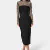 Long Sleeve Bandage Midi Dress with Crystal Mesh Combo