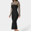 Long Sleeve Bandage Midi Dress with Crystal Mesh Combo